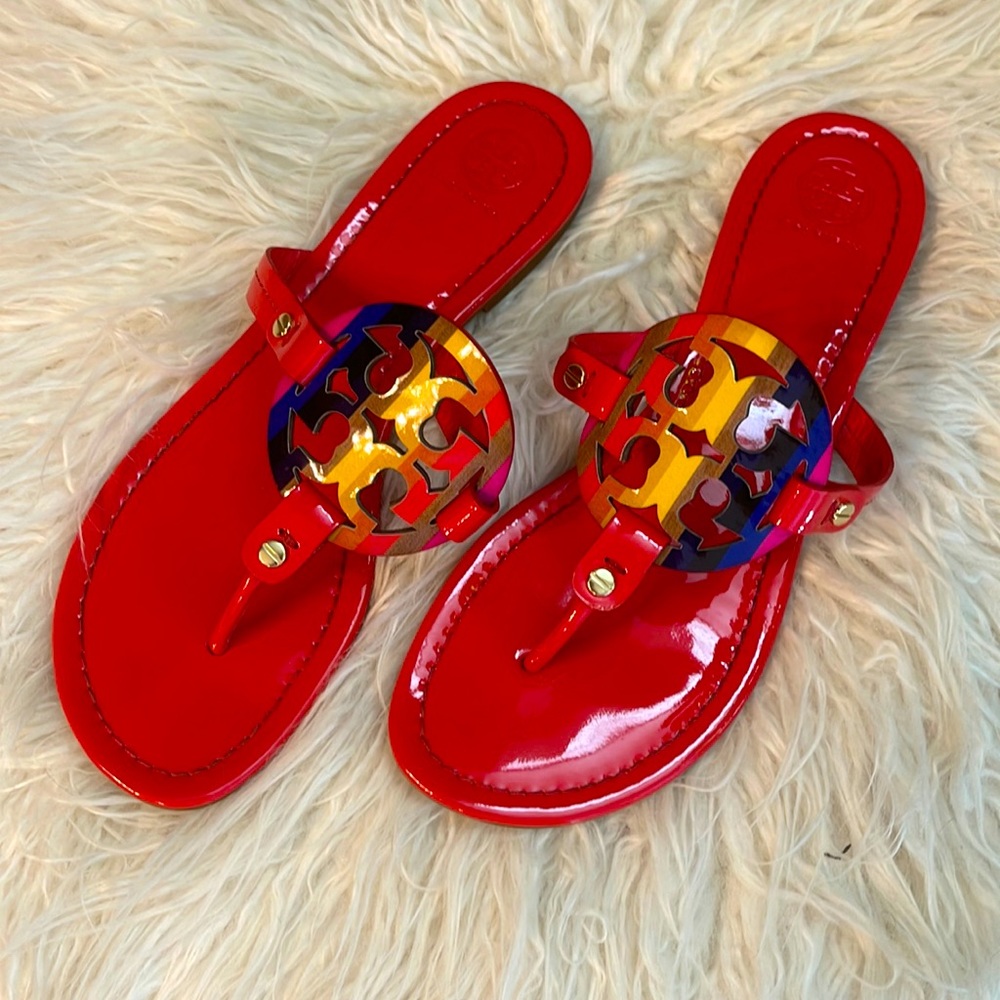 Tory Burch Miller Sandals, size 9.5, bright coral, rainbow